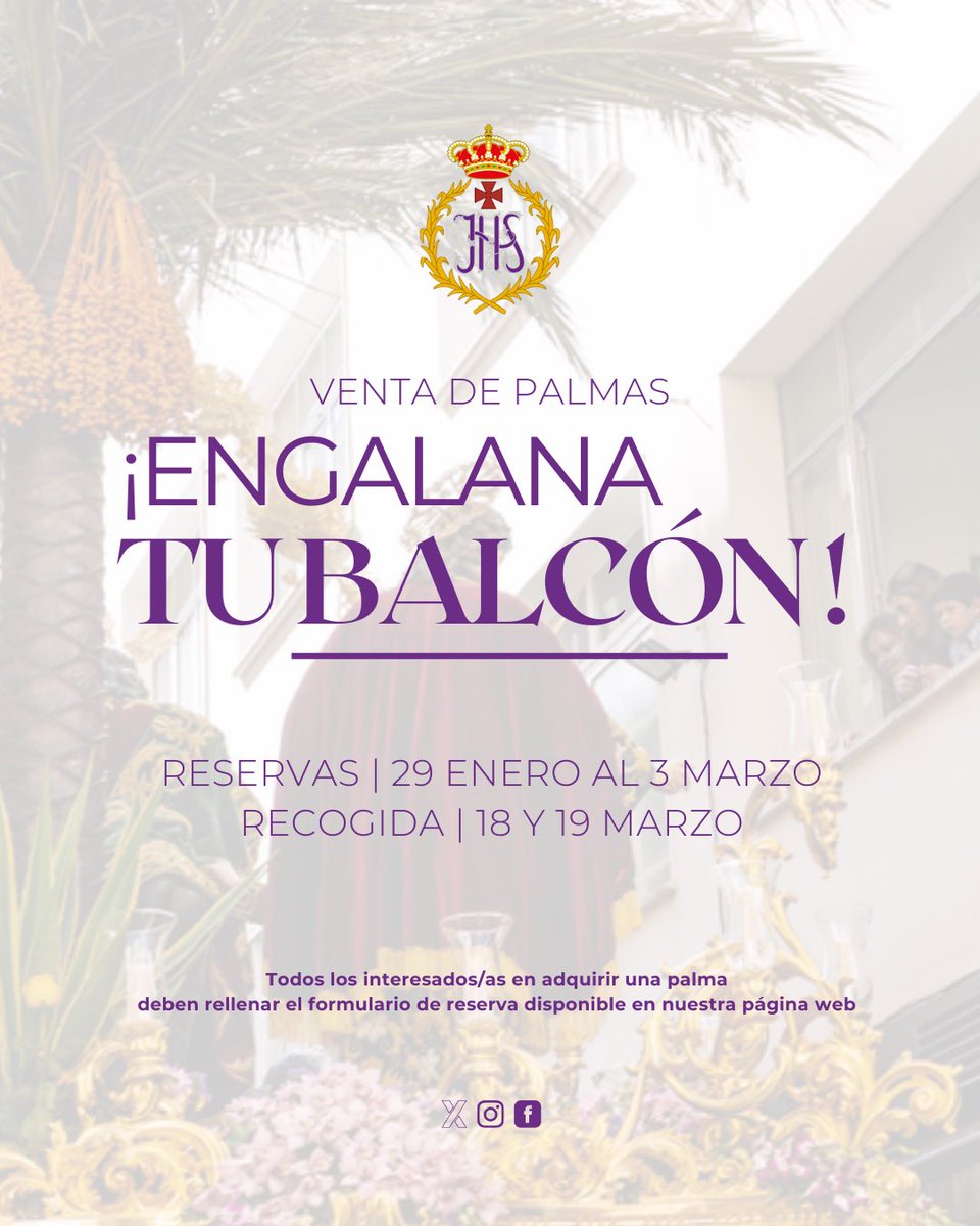 pollinicamalaga's tweet photo. ENGALANA TU BALCÓN | Vive este Domingo de Ramos engalanando tu balcón con una palma.

Ya puedes conseguir la tuya mediante el siguiente formulario de reserva 🔗 https://t.co/Y9KcdRTOac  ¡No te quedes sin tu palma!#CofradíasMLG #EngalanaTuBalcon

📣Reserva hasta el día 3 de marzo https://t.co/v0STDcvI4Z