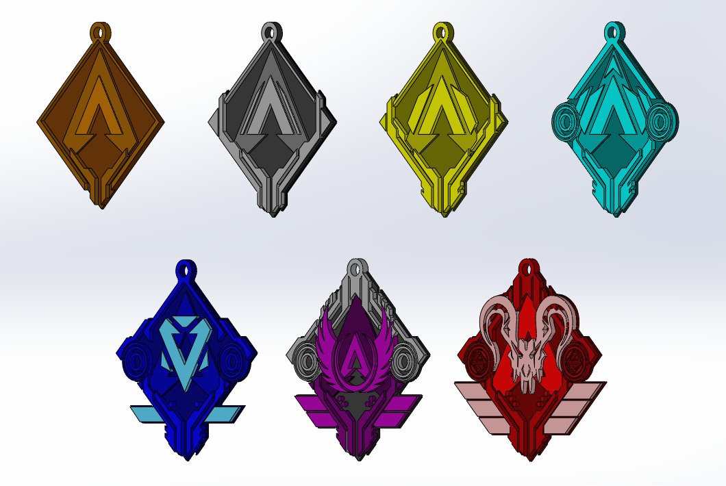APEX LEGENDS Ranked Badges - All ranks!
-Design made by me  
-Fully printable
-Multi colour compatible!   
-Use as keyrings!  
➡️ 3D model: cults3d.com/:1756877
<a href="/Cults3D/">Cults.</a>
<a href="/PlayApex/">Apex Legends</a>
#3Dprinting #ApexLegends
