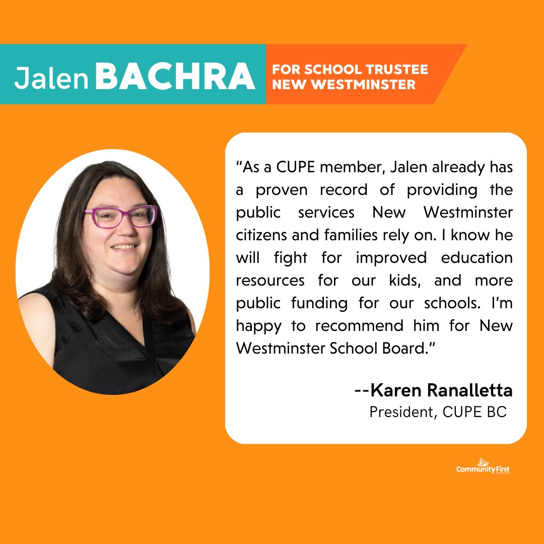 Jalen Bachra has a proven record of leadership and advocating for public services and resources for New Westminster families. Thank you Karen Ranalletta for your endorsement of @JalenBachra. On Saturday, February 1, vote for Jalen Bachra in the New West School Board by-election.