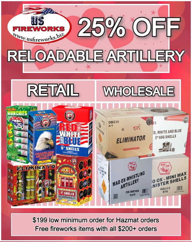usfireworks's tweet image. Valentine's Day is 12 days away.
Ladies, spice up the night and treat your man to a banging good time!
usfireworks.biz/category/reloa…

#fireworksspecial #reloadableartillery #25percentoff #fireworksdiscount #valentinesday