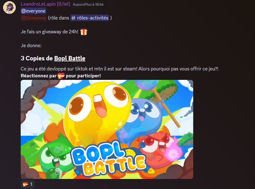 On fait des giveaways?! 🎁

ET OUI!!!!
Si vous êtes #vtuberfr et sur Virtual-IA. Vous pouvez recevoir...

Bopl Battle!