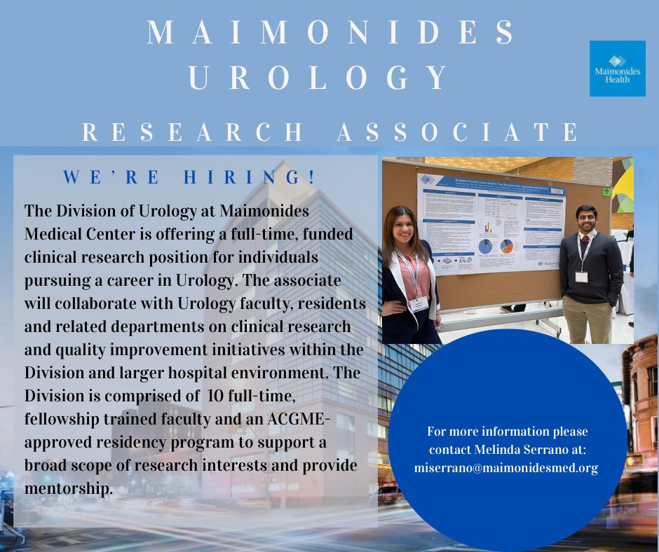 Looking for the next steps post #AUAMatch2024? We are looking for the next Research Associate. It is a unique &amp; rewarding opportunity to work with resident &amp; faculty from our department in various exciting research projects! 💡💡💡
#MatchDay #Match2024 #UroMatch2024 #UroMatch