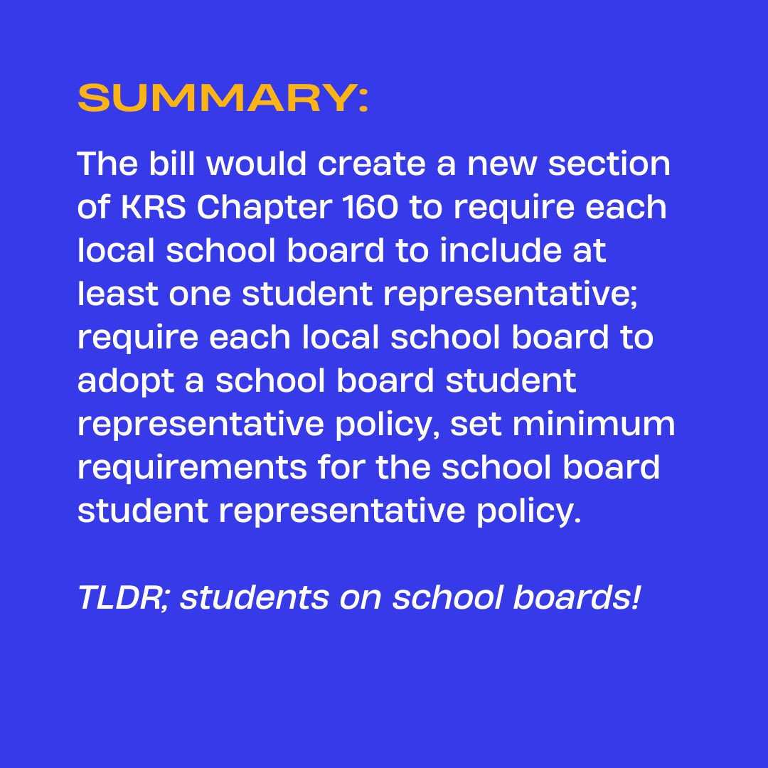 Here’s some great graphics explaining H.B. 381, which would mandate all 173 public school districts to elect/appoint at least one (1) non-voting student representative! Contact your state representative and state senator to co-sponsor HB 381 to help advance #kystuvoice! #kyga