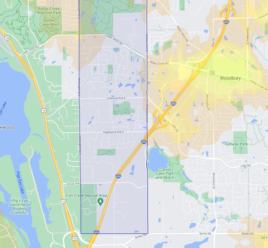 Further down the #walkability map of #maplewoodmn's 'Monkey Tail'.

Do you think the people that live here bother to say they live in Maplewood, or do they just say they live in #woodburymn? Woodbury should #annex Maplehood.