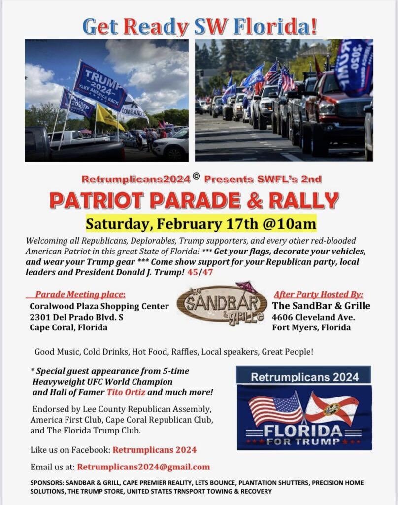 🚨 #Trump 🚂 are Baaack ‼️ #FortMyers #CapeCoral #SWFL #Florida heads up Feb 17th it’s going down with @titoortiz & @ReDMaVeRiCk5 @LeeCoREC @CawthornforNC__ @CCRECFL @CollierGOP 🚂🇺🇸🇺🇸🇺🇸🇺🇸 #4MoreYears