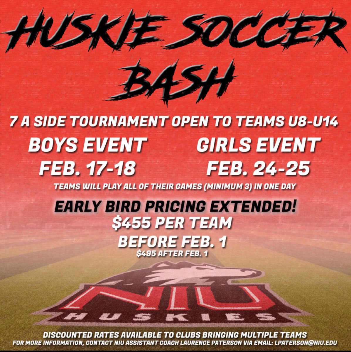 Chicagoland!!!

We are looking to finalize registration for Huskie Soccer Bash 2024. Especially looking for U13 boys and girls to fill some brackets. Please email me at lpaterson@niu.edu for more info.