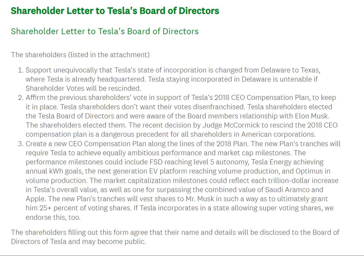Amy787's tweet photo. TSLA SHAREHOLDERS
🔥🔥🔥🔥 Almost 4,000 Shareholders—let’s get it there!—representing over 17.3 Million TSLA shares have signed on to the Tesla Shareholder Letter expressing our support of the Tesla Board & Elon Musk.  

Tesla shareholders want our votes to count (not be rescinded) and for Elon Musk to be paid for past and future work.

Tesla Shareholder?  Sign on yourself here! https://t.co/s71doseuim Closing Sunday and Mailed Monday.  Share the link and repost.