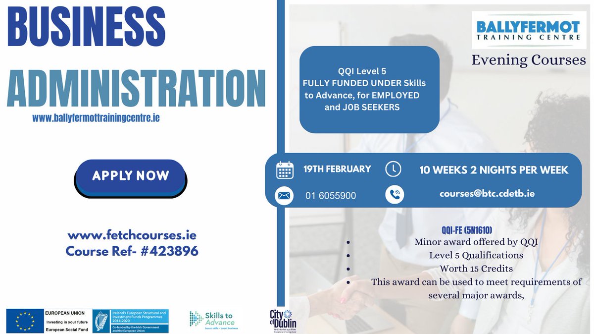 FULLY FUNDED TRAINING , open to Employed and Job seekers, find out more Call 01 6055900 or APPLY NOW on FETCHCOURSES.IE REF 423896
or CALL US  016055900
#ThisisFET #CityofDublinETB #nighttraining