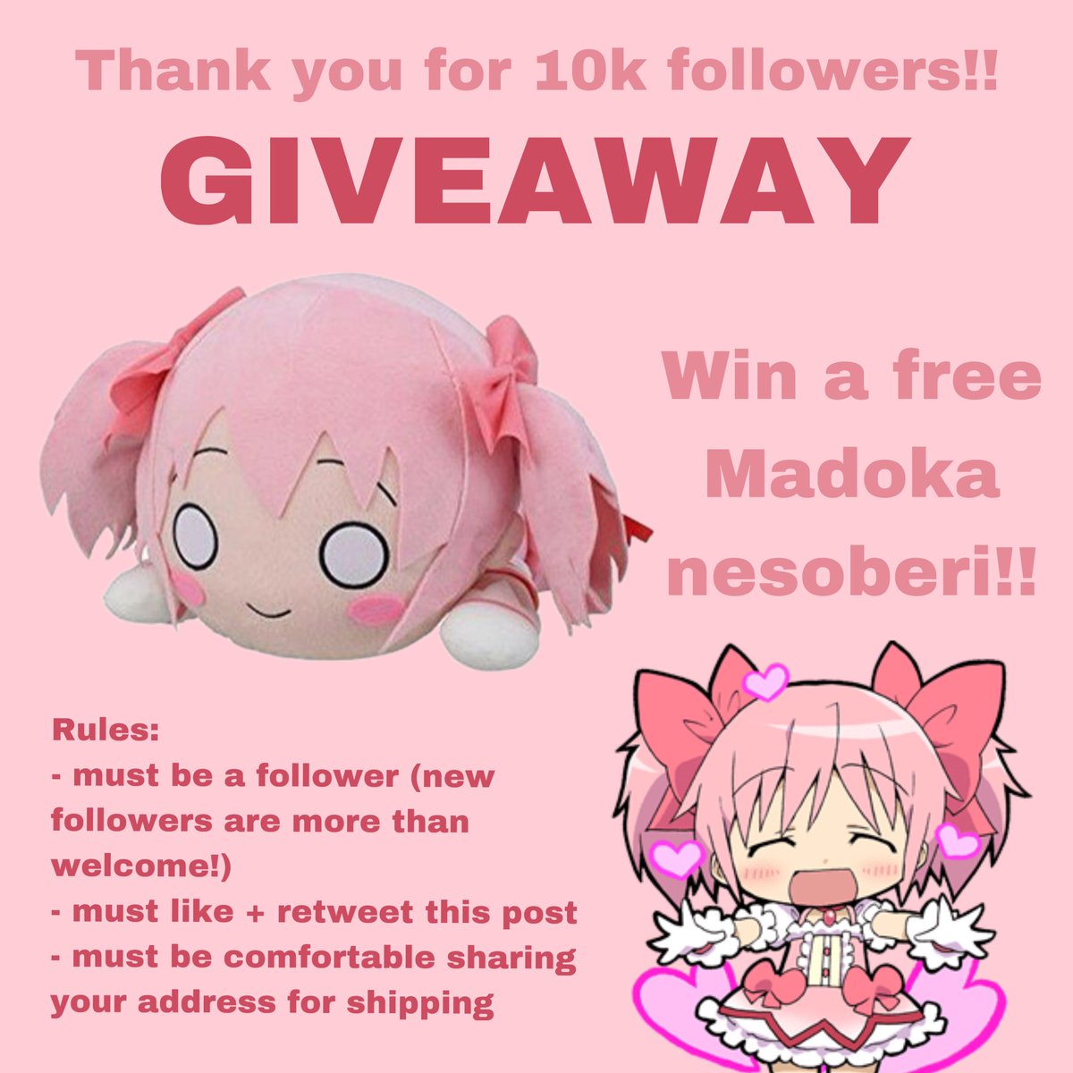 Thank you all so much for 10k followers!! Because of this, I’ve decided to hold a giveaway for a Madoka nesoberi!! Rules: - must be a follower (new followers are welcome) - like and rt this post - must be comfortable sharing your address for shipping if you win Thank you all!!