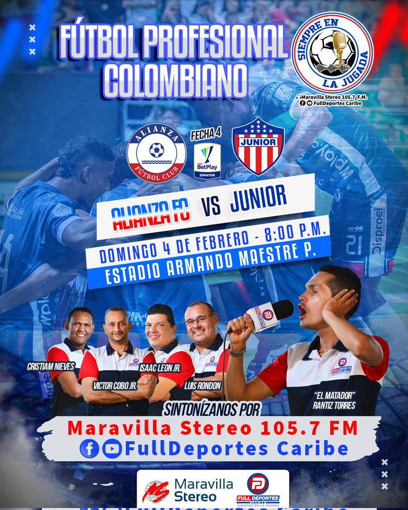 FulldeportesC's tweet photo. Luego de una excelente presentación en Bogotá, @AlianzaFc_ofic va por su primer triunfo ante @JuniorClubSA en su estadio Armando Maestre P. 
Este domingo desde las 7:50 pm, vive la emoción de este encuentro por la señal de @MaravillaSt1057  y @FulldeportesC 'Siempre en La Jugada' https://t.co/veGp1cV4eX