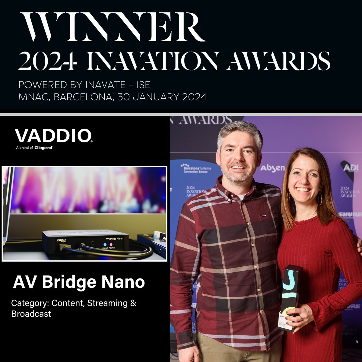 With a record number of entries this year, #Vaddio is proud to accept the award for Best AV Capture Device for Communication &amp; Collaboration for our AV Bridge Nano! 🎉🙏🔥
See all the winners here:
↪️ tinyurl.com/ydn35c34
<a href="/inavate/">Inavate Magazine</a> <a href="/ISE_Show/">ISE</a> <a href="/LegrandAV/">Legrand | AV</a> #AV #Award #ISE2024 #Tech