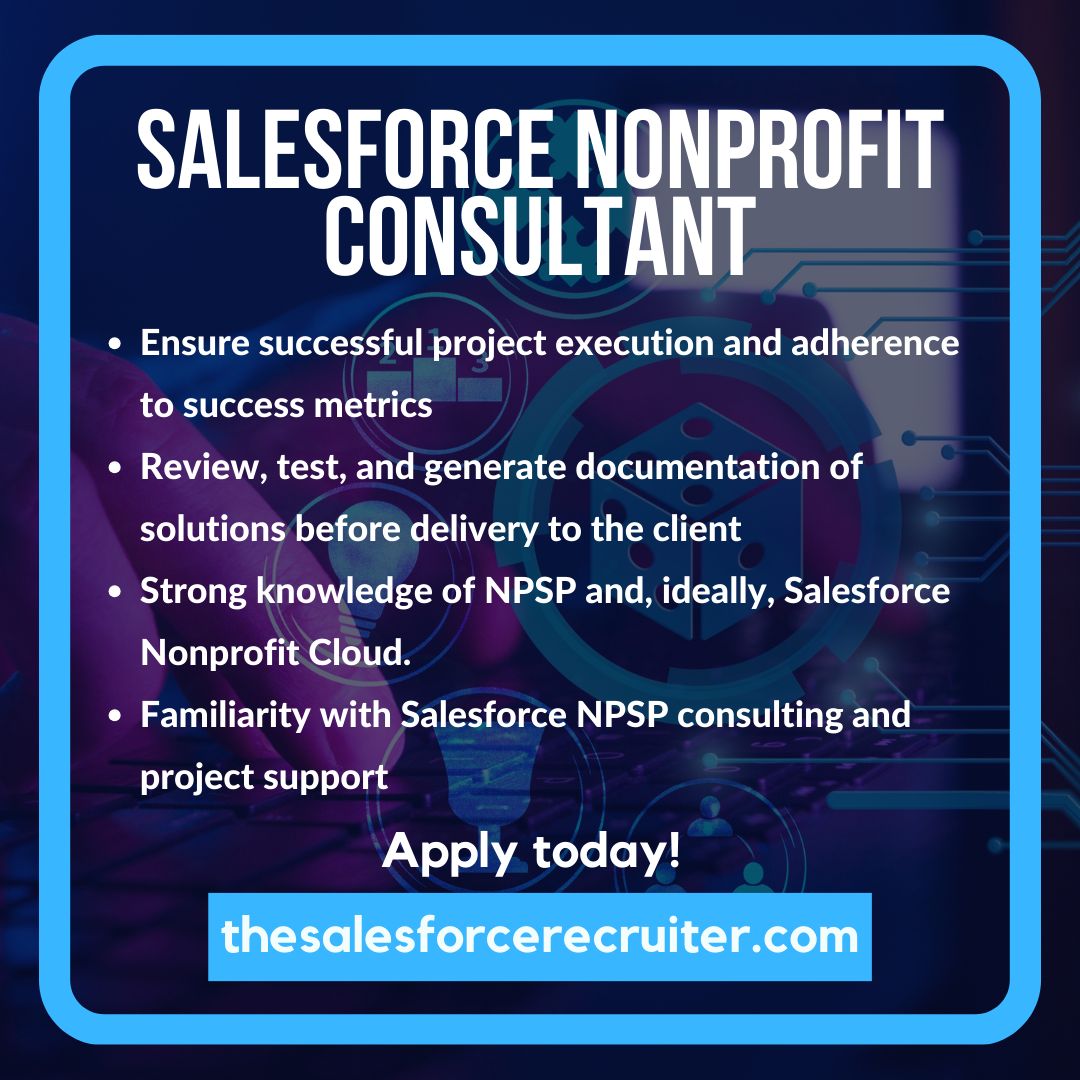 thejoshforce's tweet image. Join a rapidly growing Salesforce Partner as a Salesforce Nonprofit Consultant. If you have a strategic vision and a deep understanding of Salesforce’s nonprofit solutions, apply today!

joshforce.com/salesforce-non…

#Salesforce #SalesforceCareer #SalesforceNonprofitConsultant