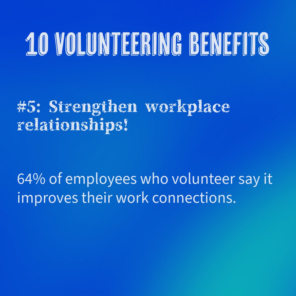 🤝 Strengthen workplace relationships! 64% of employees who volunteer say it improves their work connections. 👥  #TeamBuilding  #WorkplaceHarmony