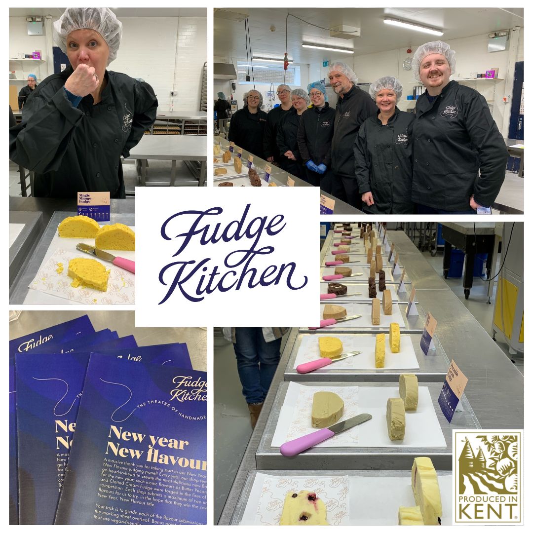 ‘On Wednesday we ate Fudge… The @Produced in Kent team were invited to help judge the @FudgeKitchen annual ‘New Year New Flavour’ competition on Wednesday. It was a tough job, but we thoroughly enjoyed ourselves! #FudgeKitchen #NewYearNewFlavour #ProducedInKent