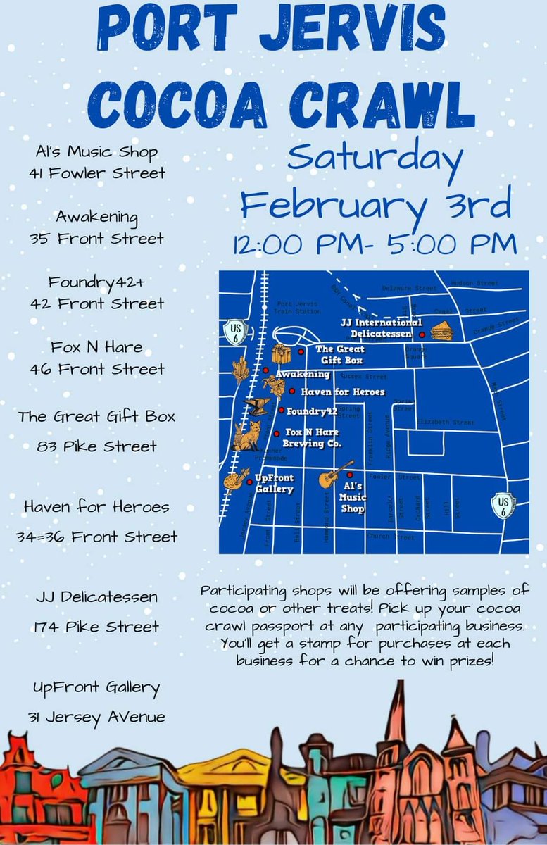 PortJervisPD's tweet photo. Join us at the Port Jervis Cocoa Crawl tomorrow from 12:00 pm to 5:00 pm to taste delicious samples of cocoa and other treats! You may pick up your cocoa crawl passport at any participating businesses. We’ll see you there! #portjervisny #cocoacrawl https://t.co/s3x9ECb7FD