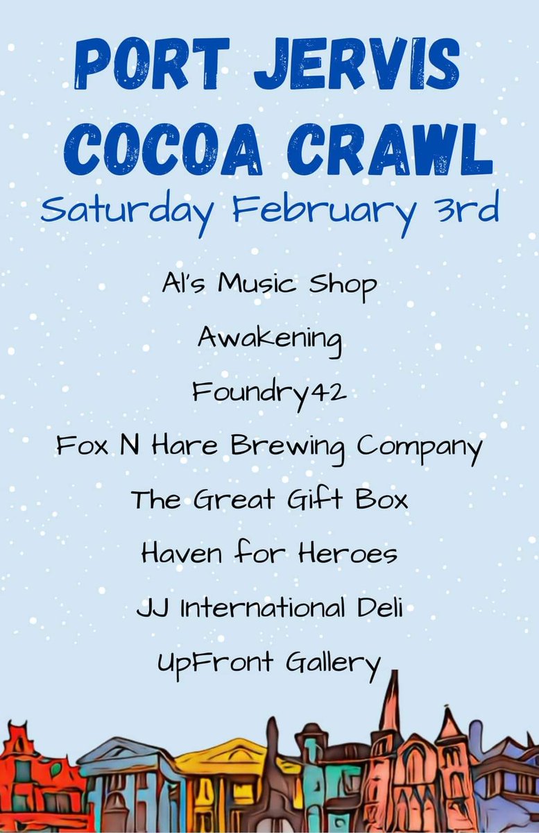 PortJervisPD's tweet photo. Join us at the Port Jervis Cocoa Crawl tomorrow from 12:00 pm to 5:00 pm to taste delicious samples of cocoa and other treats! You may pick up your cocoa crawl passport at any participating businesses. We’ll see you there! #portjervisny #cocoacrawl https://t.co/s3x9ECb7FD