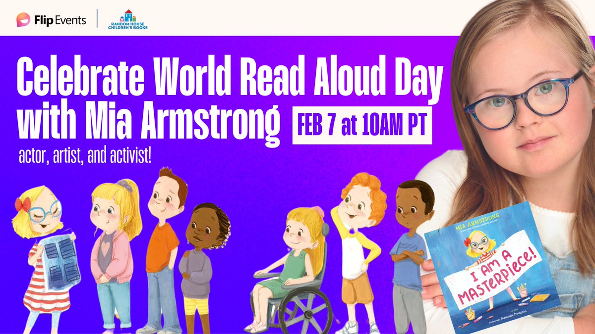 📢 Just one week until Mia Armstrong takes us on a journey with her book 'I Am a Masterpiece!' on #WorldReadAloudDay! 🌈 Save the date and join with your class for an inspiring reading! 📖 info.flip.com/en-us/events/m… @litworldsays @RHCBEducators