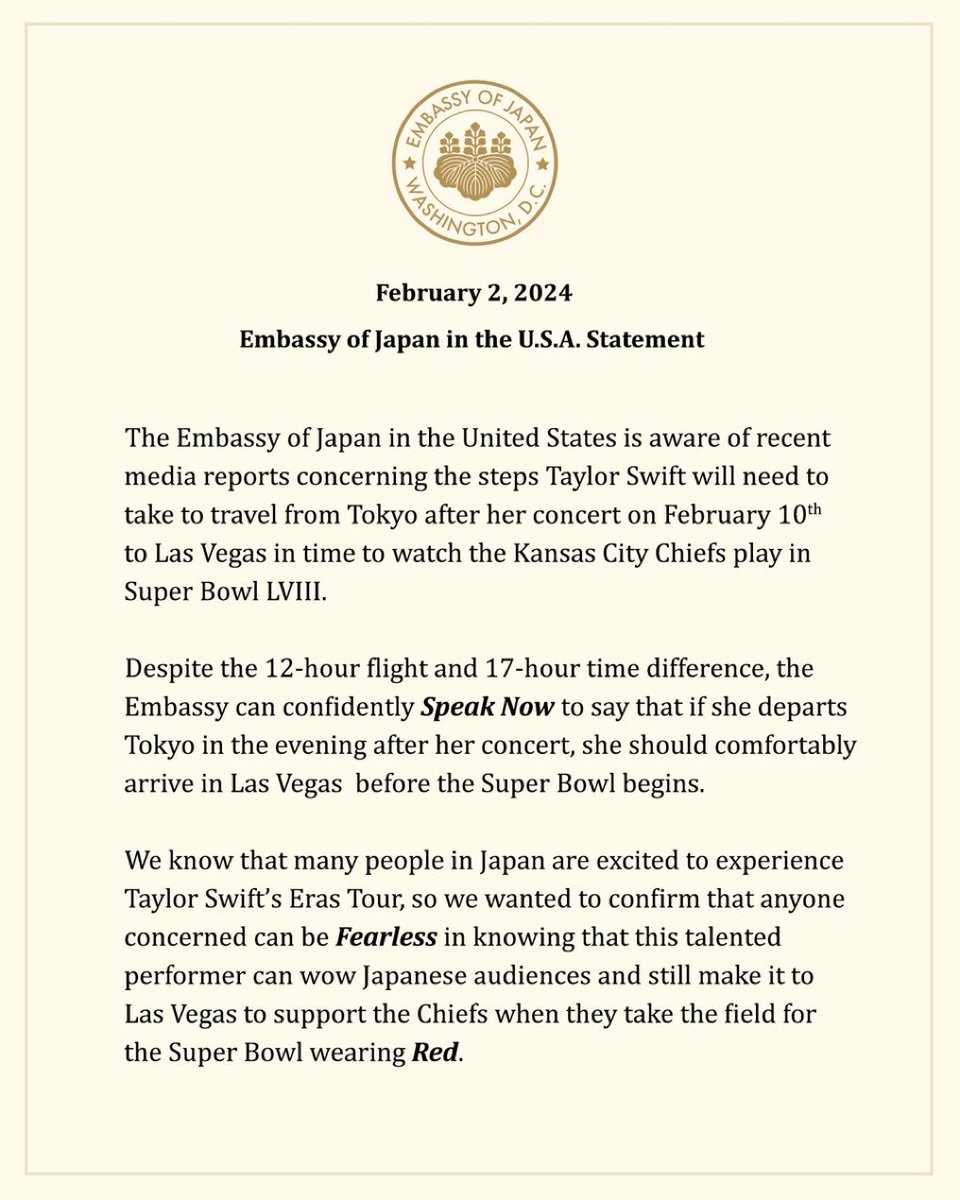 ✈️| Japanese embassy in USA confirms Taylor will be able to get to the Super Bowl after her last concert in the city!