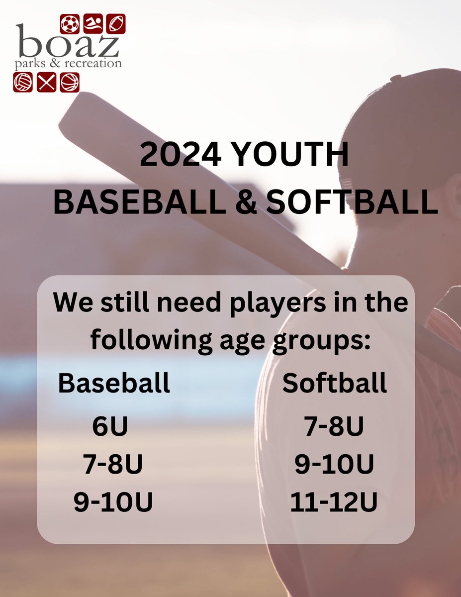boazrec's tweet photo. Did registration close before you could sign your kids up? We still need players for Baseball in 6U(Competitive), 7/8U and 9/10U and for Softball 7/8U, 9/10U and 11/12U. Come by the Rec Center today to register https://t.co/2gAWrwirCo