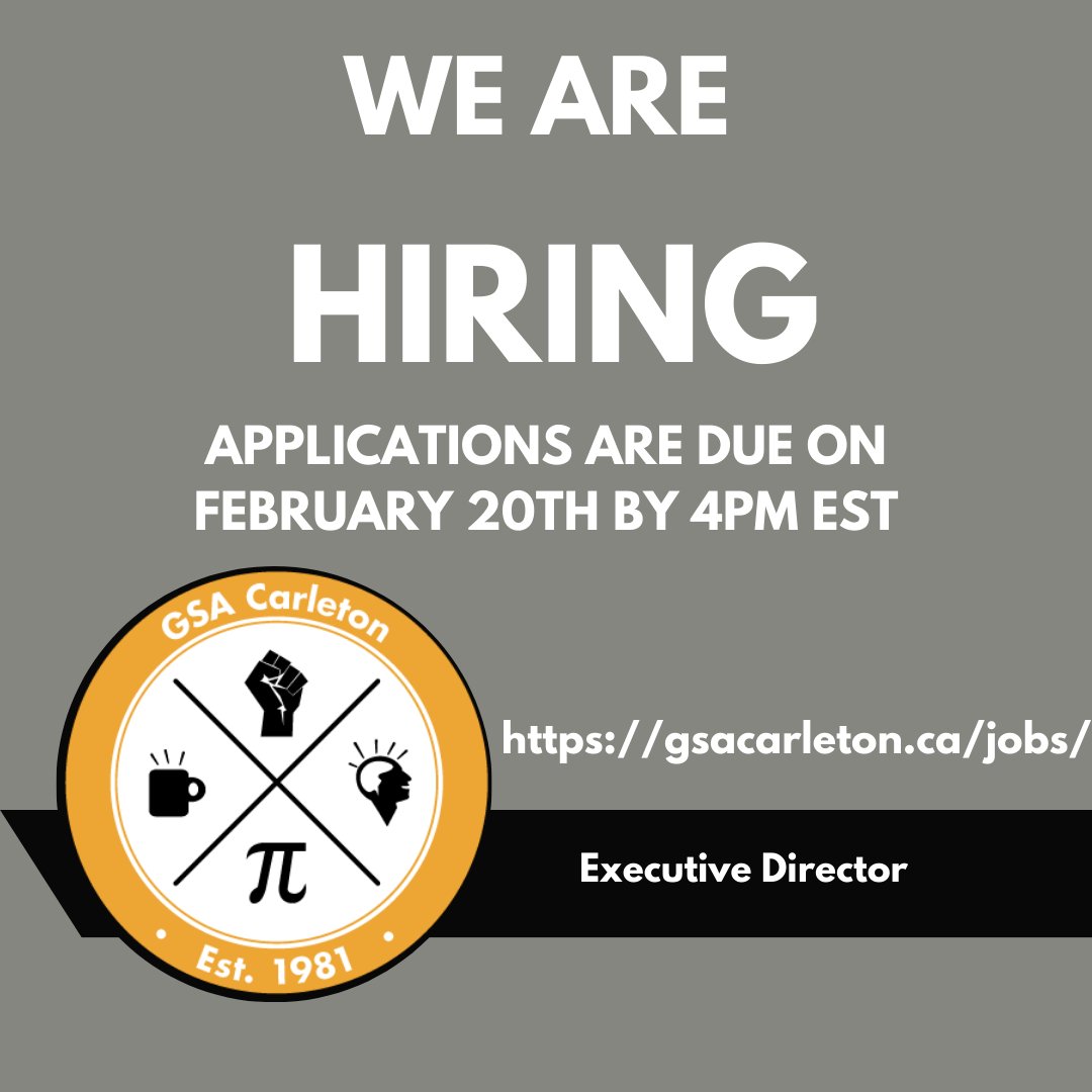 The GSA is hiring for the role of Executive Director. Apply with your resume and cover letter by February 20th by 4pm EST. Learn more here! gsacarleton.ca/jobs/
