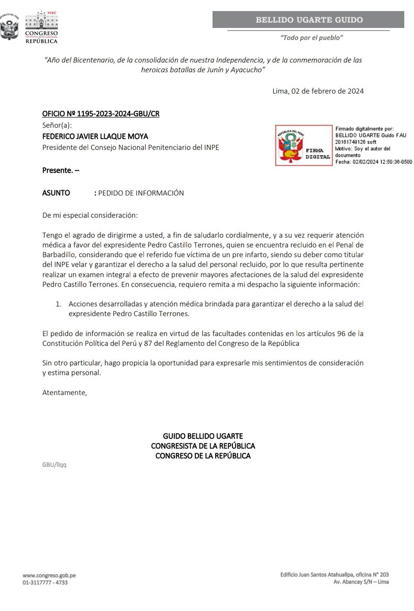 GuidoBellidoU's tweet photo. Responsabilizamos a Dina Boluarte y a INPE de la situación y consecuencias de la salud del Prof. Pedro Castillo Terrones. Solicitamos a los organismos internacionales atender la situación de salud y jurídica. Por otra parte, exigimos una evaluación integral y oportuna de su salud https://t.co/HxzcHut70V