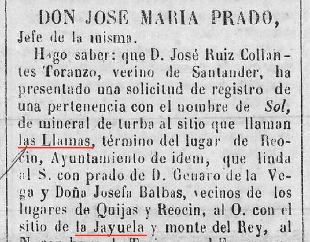Araceli_ENTHUMN's tweet photo. En este otro registro de prensa, de 1859, vemos que alguien se dispone a explotar una turbera en el lugar de Reocín conocido como “Las Llamas”. En algunas ocasiones el topónimo #LasLlamas o #LaLlama ubica una #turbera.

Observad, de paso, ese #LaJayuela (de #jaya, cast. “haya”). https://t.co/pt7NLPDaSj