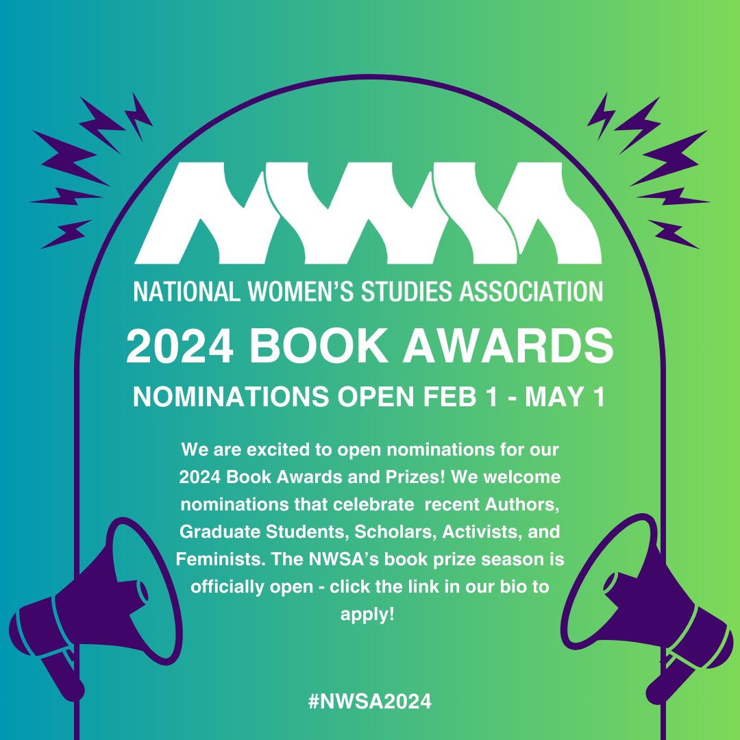 We are excited to open nominations for our 2024 Book Awards and Prizes! To learn more information on each award visit our website - you can click the link in our bio to access our submission forms. Applications will close May 1st 2024. #NWSA2024 #NWSAawards