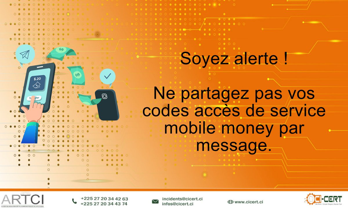 Restons prudents !Un rappel essentiel : ne communiquez jamais vos codes d'accès de service mobile money par message. La sécurité de vos transactions est entre vos mains.
La cybersécurité, une affaire de tous!!!
#CyberCAN23 #cybersecurite #artci