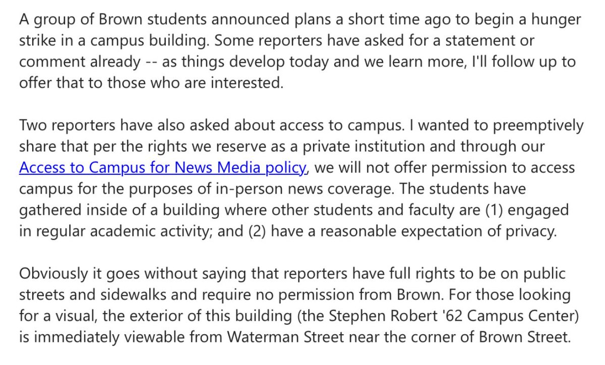amymrusso's tweet image. Brown University is again denying media access to campus to report on student activism, this time telling reporters they cannot enter campus to report on a hunger strike.