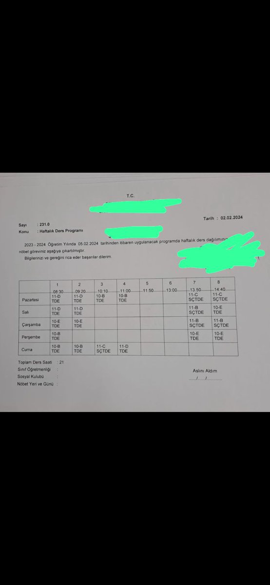Okullarımızda  son  zamanlarda karşımıza  sıkça çıkan  problemlerden biri de ders programlarının öğretmenlere karşı sopa gibi kullanılması..

Bir üyemizin bana attığı ders programını sizlerin vicdanına bırakıyorum.

İş bilmeyen okul idarelerinin yarattığı bu ortam ne yazık ki