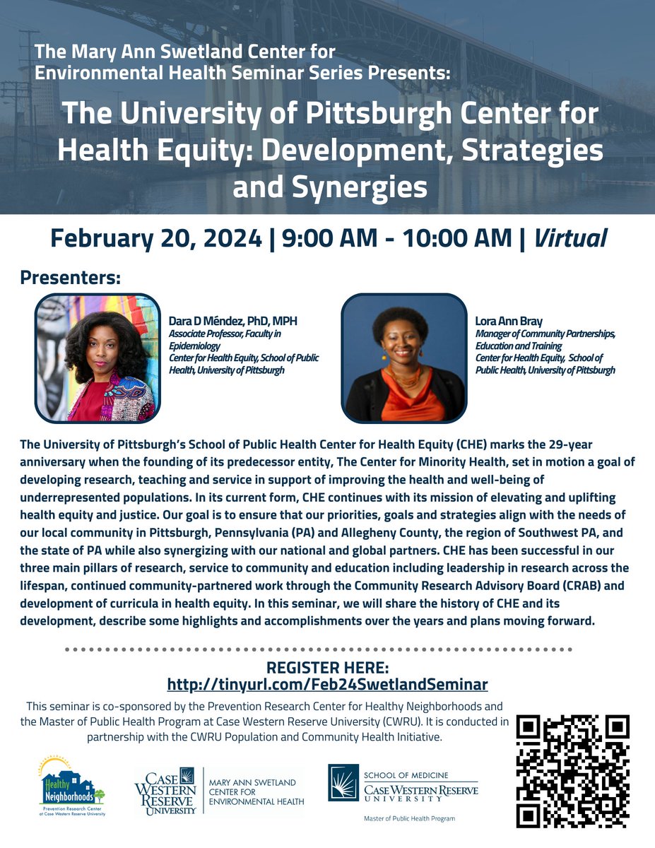 Don't miss the next #SwetlandSeminar on February 20th at 9am on Zoom! "The University of Pittsburgh Center for Health Equity: Development, Strategies and Synergies" presented by Dr. Dara D. Méndez &amp; Lora Ann Bray. tinyurl.com/Feb24SwetlandS……
<a href="/CWRUSOM/">CWRU School of Medicine</a>
<a href="/prchn/">CWRU PRCHN</a>
<a href="/PittPubHealth/">Pitt Public Health</a>
CWRU MPH