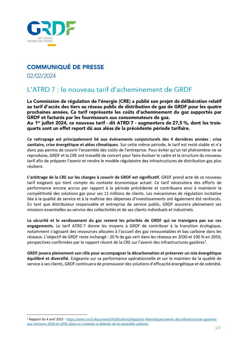 #CP #Presse 🗞️
« ATRD7 : le nouveau tarif d’acheminement de #GRDF »
La <a href="/CRE_energie/">CRE</a> a publié son projet de délibération relatif au tarif d'accès des tiers au réseau public de distribution de gaz de #GRDF pour les 4 prochaines années.
➡️ cutt.ly/7wXfQ96g #Energie