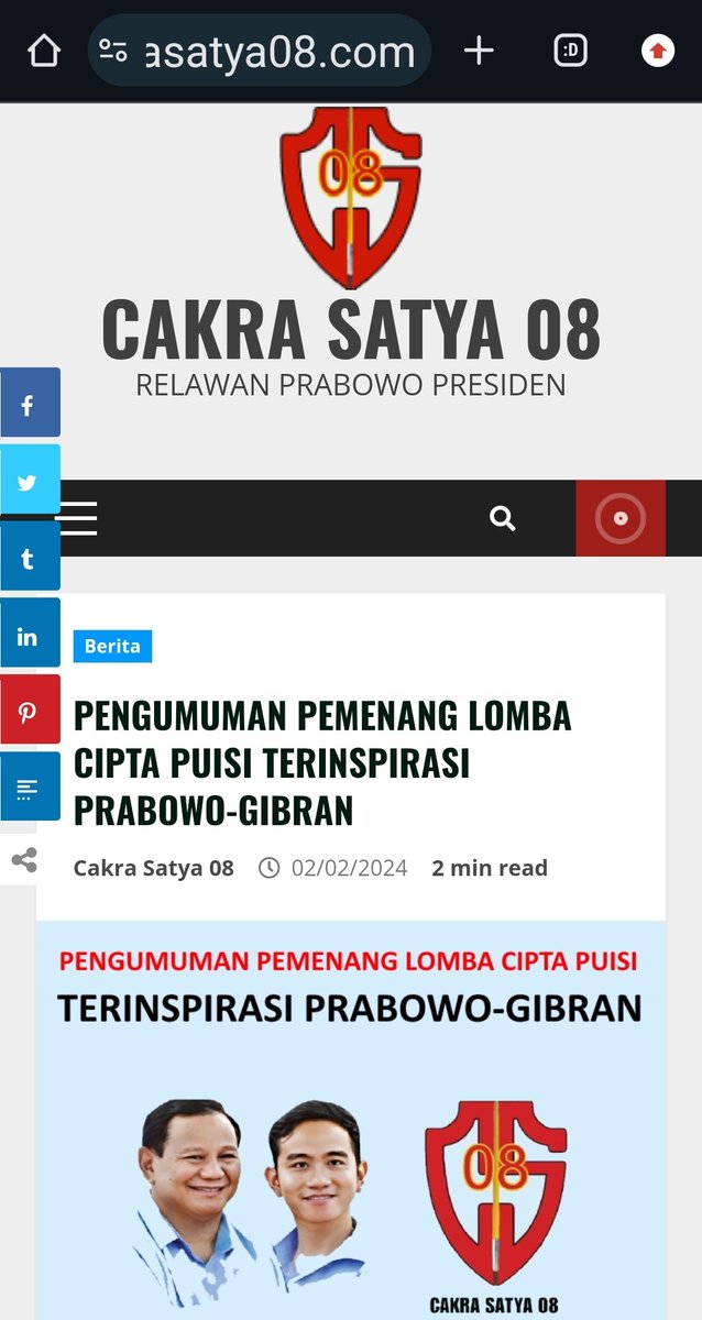 CakraSatya08's tweet photo. PENGUMUMAN PEMENANG LOMBA CIPTA PUISI TERINSPIRASI PRABOWO-GIBRAN
Klik di sini: ⬇️⬇️😎
https://t.co/m36DhtoxLD
#CakraSatya08 #cs08 #prabowo #Prabowogibran #allinprabowo #jokowi #seni #seniman #sastra #budaya #puisi #poetry #poem #gerindra #pemenanglomba #fyp #fypシ https://t.co/0o7vtlAV9A