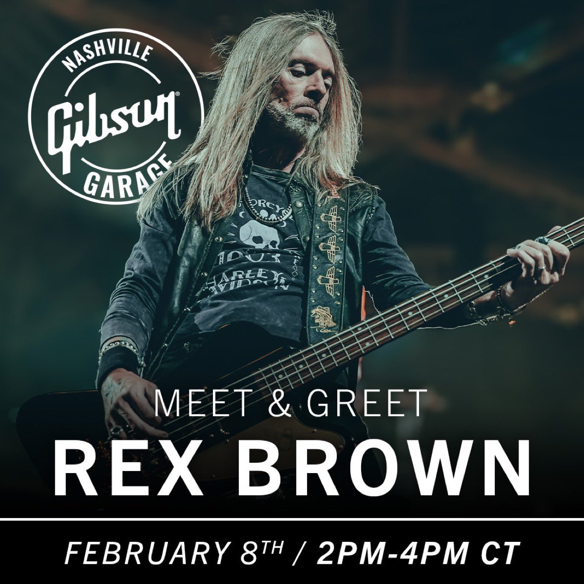 Join us at @GibsonGarage Tuesday, February 8 from 2:00-4:00pm CT for a Meet & Greet and Signing with Rex Brown!