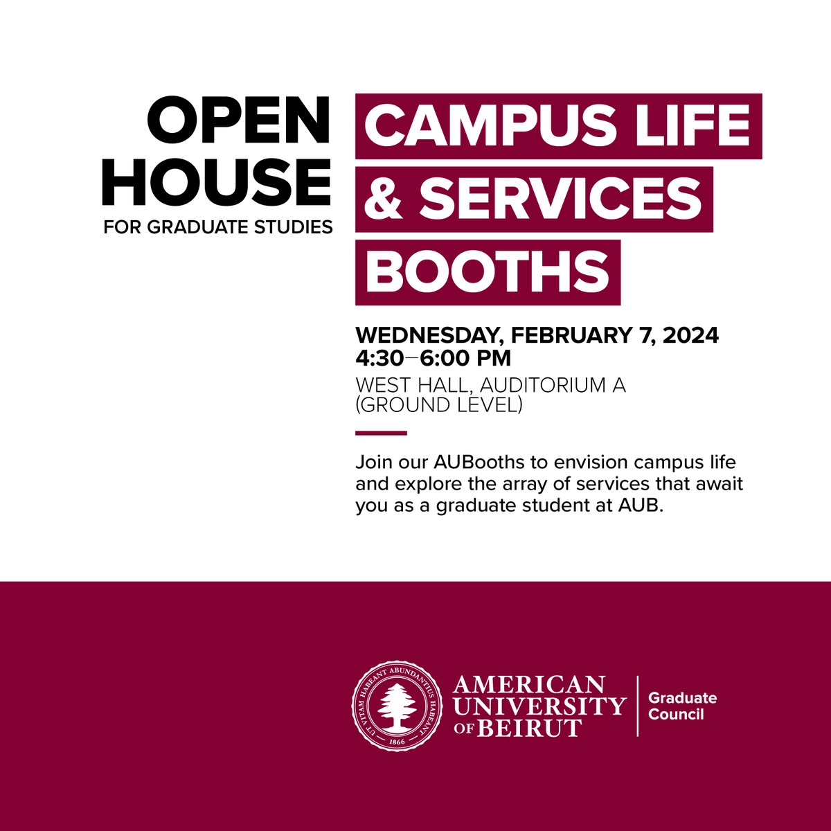 AUBGradCouncil's tweet photo. Want to know what it's like being a graduate student at AUB? Join our Open House on Feb. 7 and explore campus life and all the ways AUB supports you in your journey!

Register here: https://t.co/iXl3Sij0K1

#AUB #AUBite #AUBVibes #CampusLife #Masters #PhD #GraduateStudentLife https://t.co/8YqhGZ8lXu