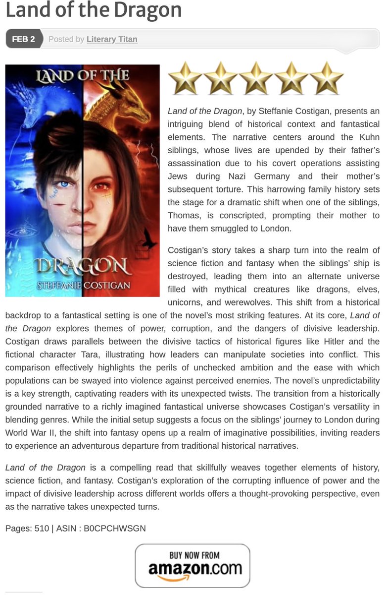 StEfF4055's tweet photo. So excited Land of the Dragon has been reviewed and made it into Literary Titan's Gold Award Category. The review can be seen here π·π·π·
#steff4055 #fantasynovel #fantasybook #Historicfantasy #dragonbooks #landofthedragon #fantasyworld #dragon #literarytitan #WritingCommunity https://t.co/cbP6t3ddSv