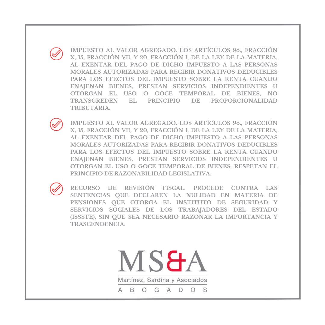 MSAABOGADOS_SC's tweet photo. 📆 Descubre las últimas actualizaciones fiscales en nuestro #ViernesDeActualizaciónFiscal. 🧐📚 Destacamos las jurisprudencias recién publicadas en el Semanario Judicial de la Federación del 2 de febrero de 2024. #MSAAbogados #derechofiscal #Jurisprudencia  #scjn   #abogados https://t.co/PSYw72yywJ