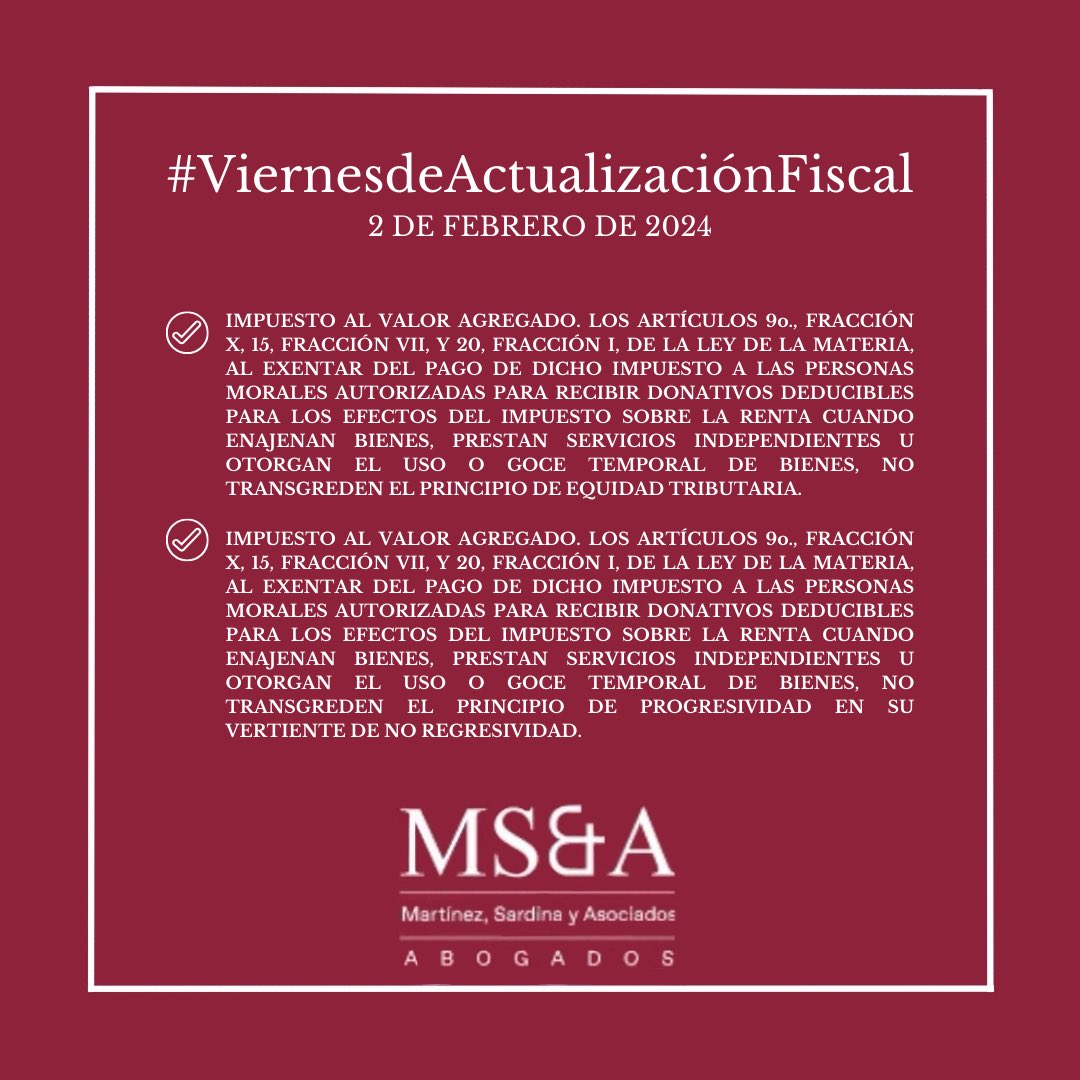 MSAABOGADOS_SC's tweet photo. 📆 Descubre las últimas actualizaciones fiscales en nuestro #ViernesDeActualizaciónFiscal. 🧐📚 Destacamos las jurisprudencias recién publicadas en el Semanario Judicial de la Federación del 2 de febrero de 2024. #MSAAbogados #derechofiscal #Jurisprudencia  #scjn   #abogados https://t.co/PSYw72yywJ