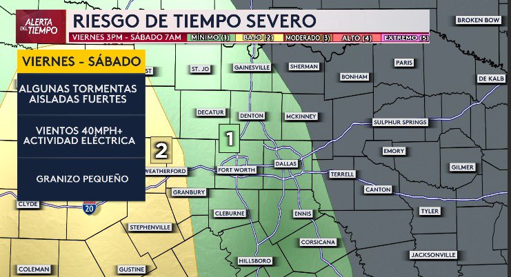 🚨🚨 Tormentas fuertes esta tarde-noche y madrugadel sábado, algunas severas, el mayor riesgo al oeste de la I35 en el norte de Texas🚨🚨
Apartir 1pm: Lluvia ligera oeste I35
3pm: Aguaceros y lluvia moderada metroplex
5pm: aguacero y tormentas aisladas generalizadas #dfw