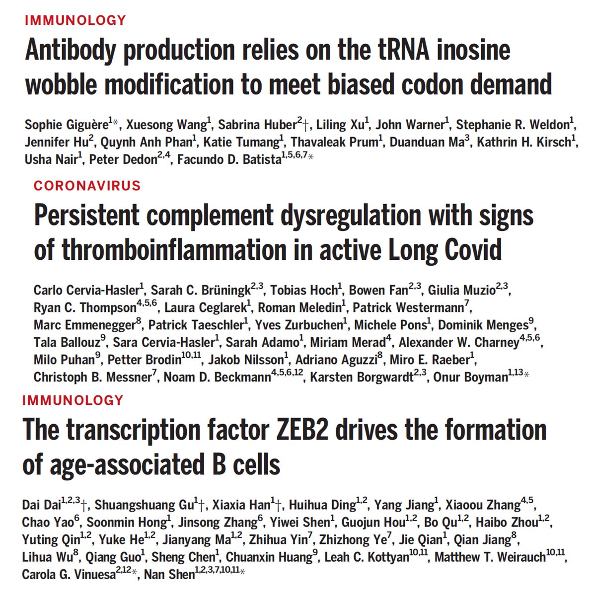 Sarah Ross (@sarah_h_ross) on Twitter photo A look back at #immunology in <a href="/ScienceMagazine/">Science Magazine</a> in January '24.
⚫️Antibody production is supported by tRNA wobble.
⚫️Signs of immune complement dysregulation in Long COVID.
⚫️Age-associated B cells depend on the transcription factor ZEB2.
Links follow⬇️ A look back at #immunology in <a href="/ScienceMagazine/">Science Magazine</a> in January '24.
⚫️Antibody production is supported by tRNA wobble.
⚫️Signs of immune complement dysregulation in Long COVID.
⚫️Age-associated B cells depend on the transcription factor ZEB2.
Links follow⬇️