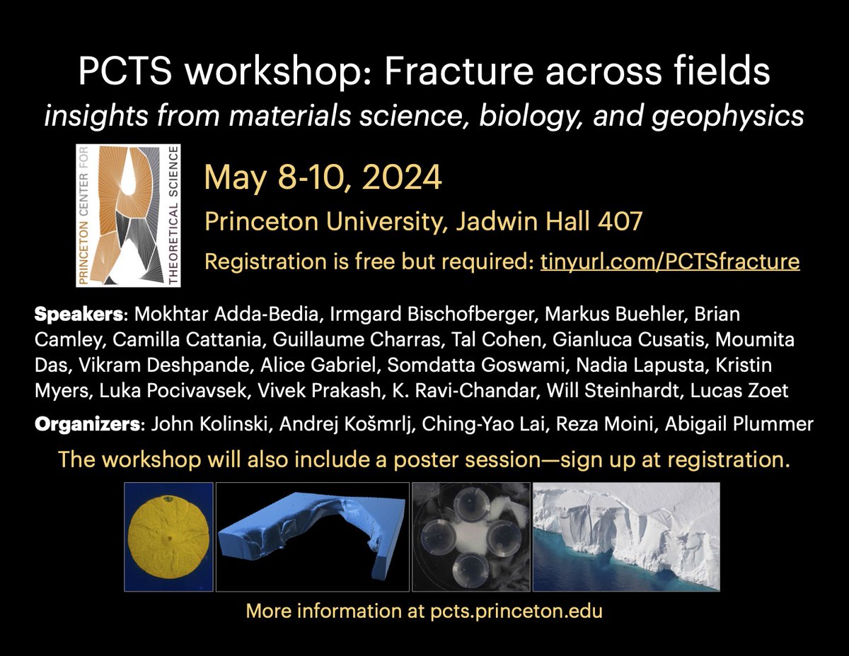 We are excited to open registration for the upcoming PCTS workshop, Fracture across fields: insights from materials science, biology, and geophysics! Please register (FREE!) for in person attendance. pcts.princeton.edu/events/2024/fr…