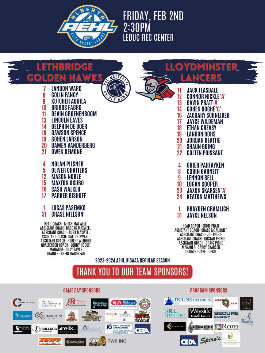 💥GAME DAY💥

First game for the Lancers in the AEHL U15 AAA Showcase goes down in just over 3 hours - puck drop 2:30 against the Lethbridge Golden Hawks at the Leduc Rec Center!

Catch the game live, or on FloHockey!