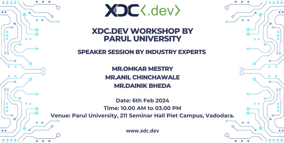 omkarxinfin's tweet photo. Join us on Feb 6th, 2024, as https://t.co/6mnPWW3lpA takes the stage at #ParulUniversity for an enlightening #workshop! Dive into the world of #XDCNetwork and discover the secrets to building on this innovative platform.
#WeAreXDC #BuildOnXDC #XDCDev #BlockchainWorkshop #Web3 https://t.co/Pv2Tp7sG6F