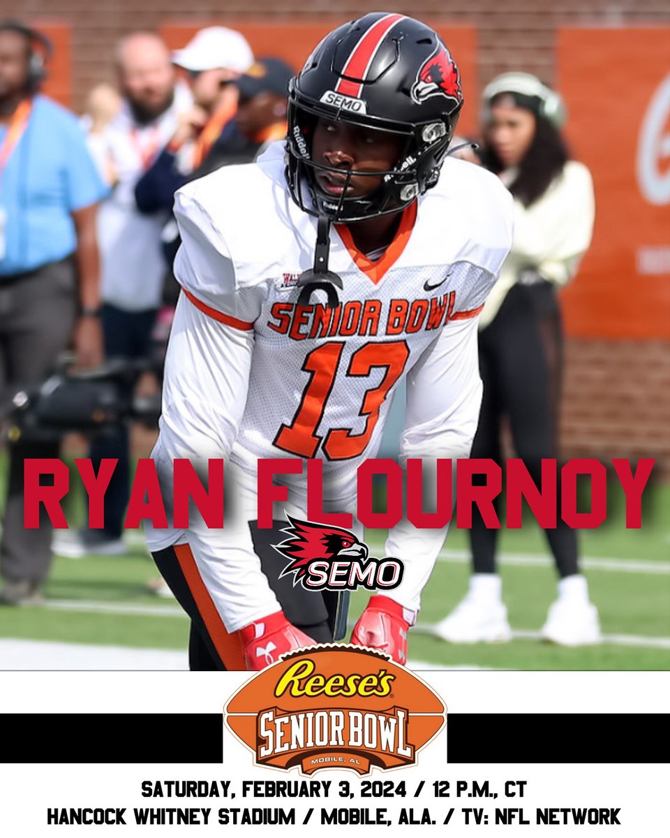 Southeast Missouri's own Ryan Flournoy will play in the 2024 Reese's Senior Bowl Saturday. Flournoy will wear #13 and be on the American Team roster. Watch the game live on the NFL Network. Kickoff is 12 p.m., CT in Mobile, Alabama. Good luck Ryan!!