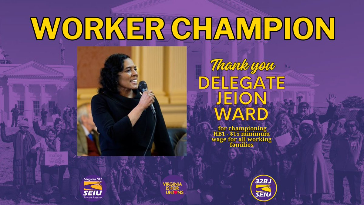 Thank you so much to Delegate @JeionWard for championing #HB1 and fighting for a living wage for working Virginians. #RaiseTheWage #FightFor15 #UnionsForAll