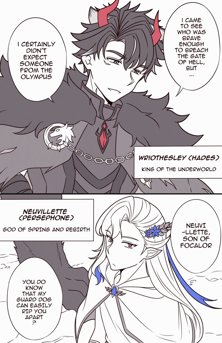 [ ⛓️🌧️ Hades/Persephone AU ] How King Doggo met his future husband (🧵1/2) #wriolette #リオヌヴィ #wriothesley #neuvillette 
