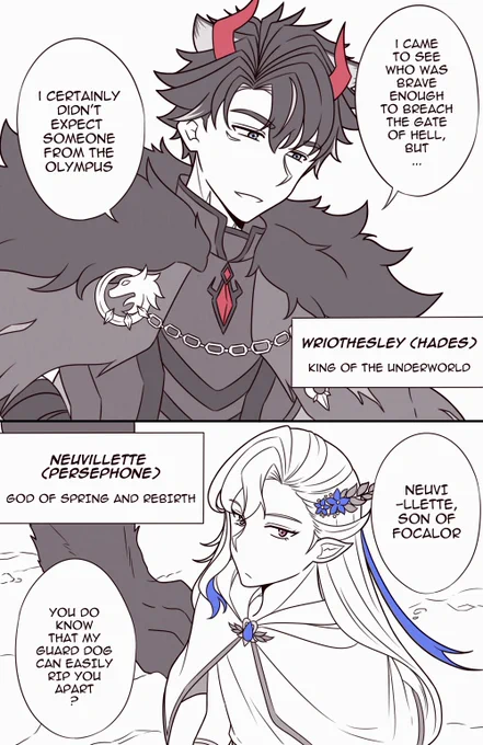 [ ⛓️🌧️ Hades/Persephone AU ] How King Doggo met his future husband (🧵1/2) #wriolette #リオヌヴィ #wriothesley #neuvillette 