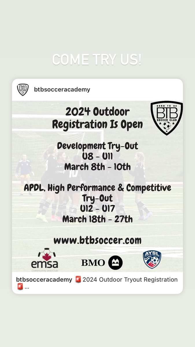 🚨2024 Outdoor Tryout Registration🚨 The registration for the 2024 outdoor tryout is now open. Please follow the link to register btbsoccer.com/outdoor-tryout… The tryout dates, times and location will be announced shortly. #btbway #btbproud #bmogrowthegame #outdoor2024