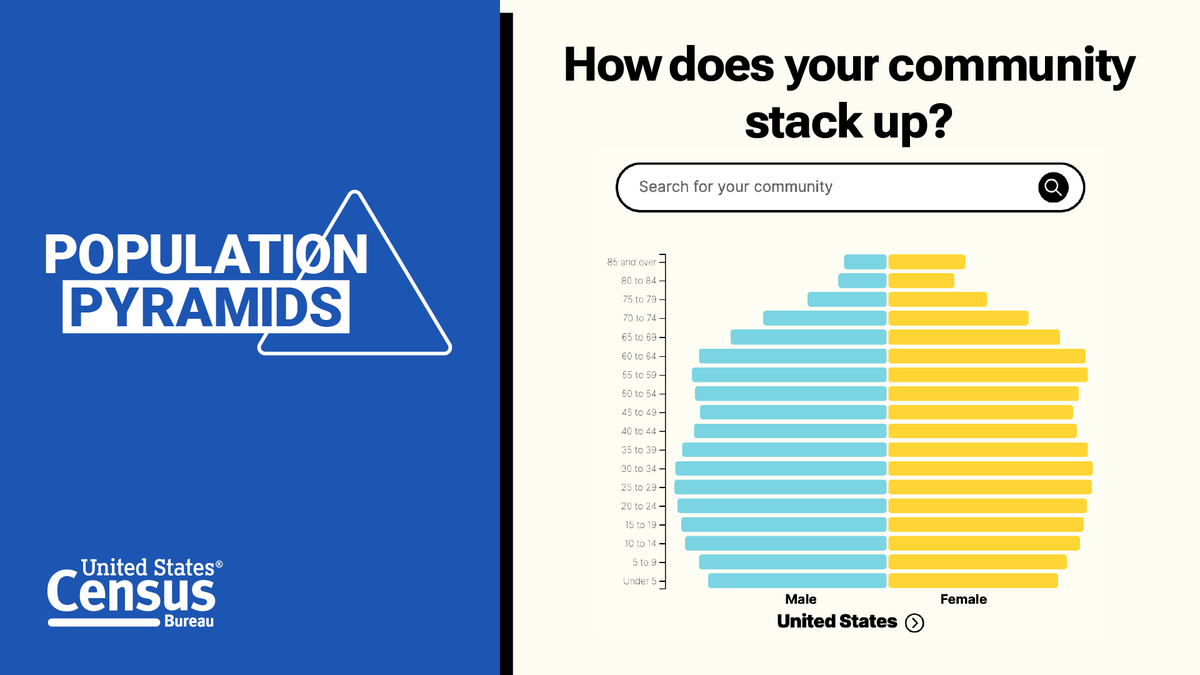 uscensusbureau's tweet photo. Explore, compare, and share a whole new side of your community on https://t.co/MKVkizqxb6.
#PopPyramids give you a new way to explore the makeup of your neighborhood or area of interest through an interactive, animated interface.
π https://t.co/L20UqeC7ls https://t.co/Ii7TS5xN0B