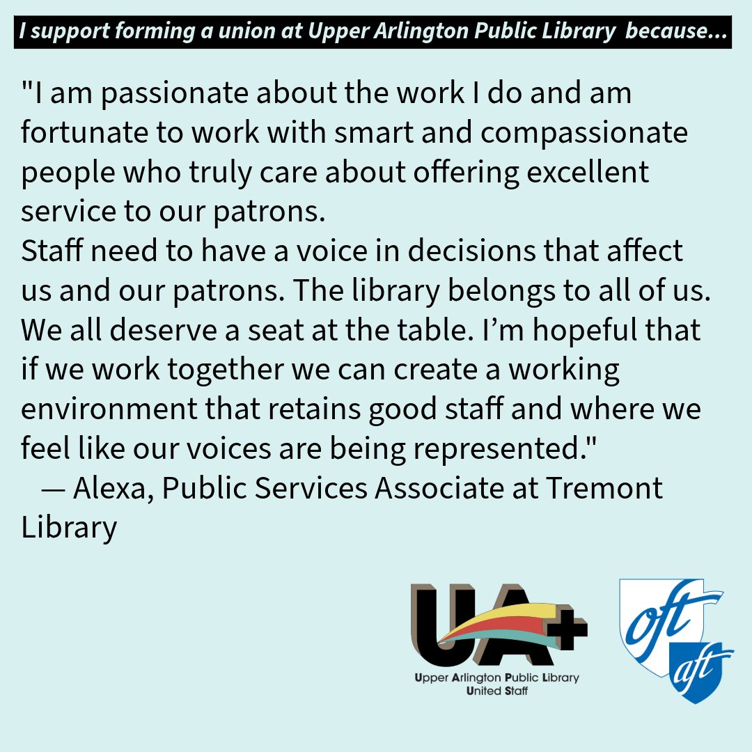 Why we're organizing: 'Staff need to have a voice in decisions that affect us and our patrons. The library belongs to all of us. We all deserve a seat at the table. I’m hopeful that if we work together we can create a working environment that retains good staff…' — Alexa